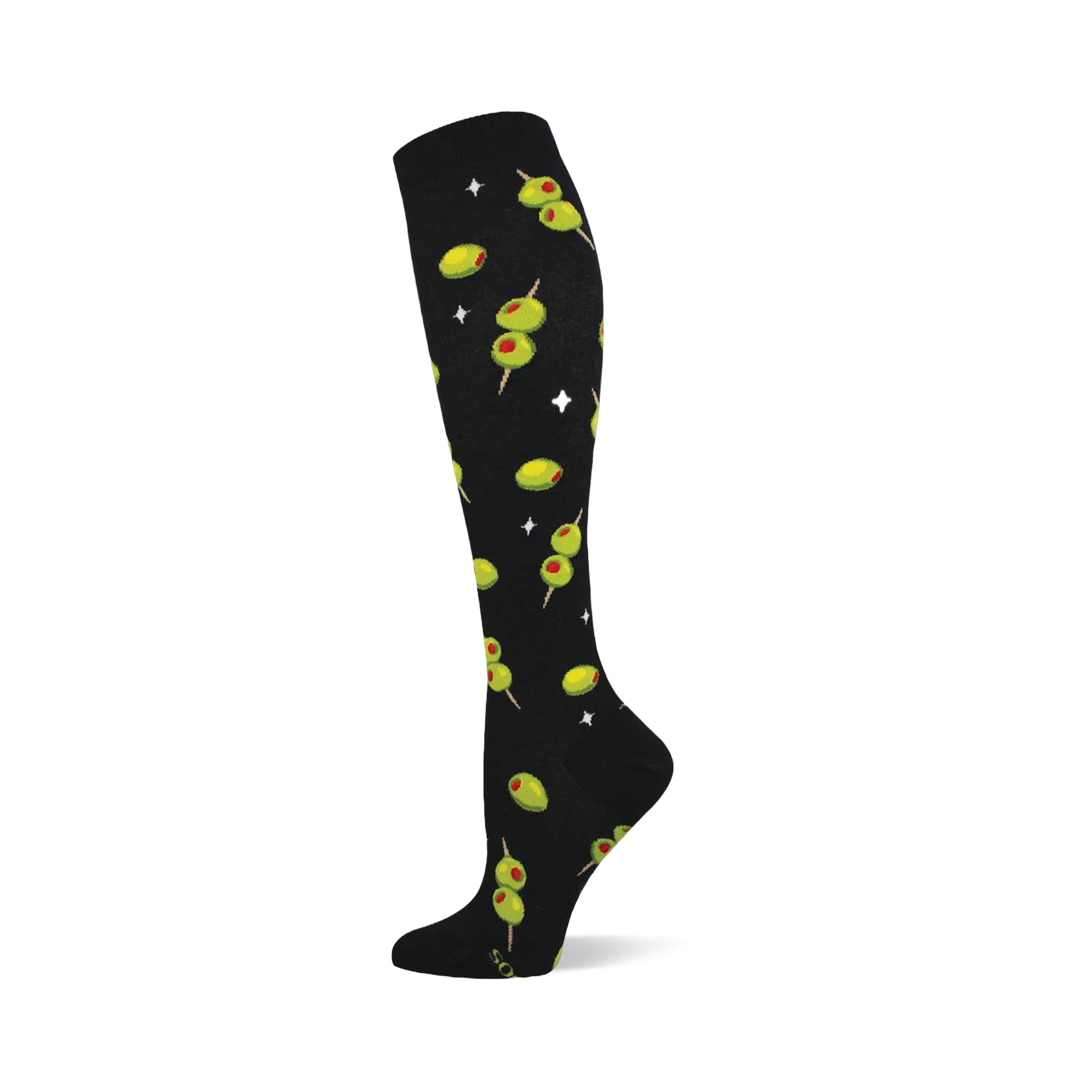 Black knee-high sock with a repeating pattern of green cocktail olives with red pimentos on skewers and white starbursts.