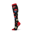 Black sock with red cuff, heel, toe. Features red mushrooms with blue crystal bases, yellow sun-eyes, and stars.