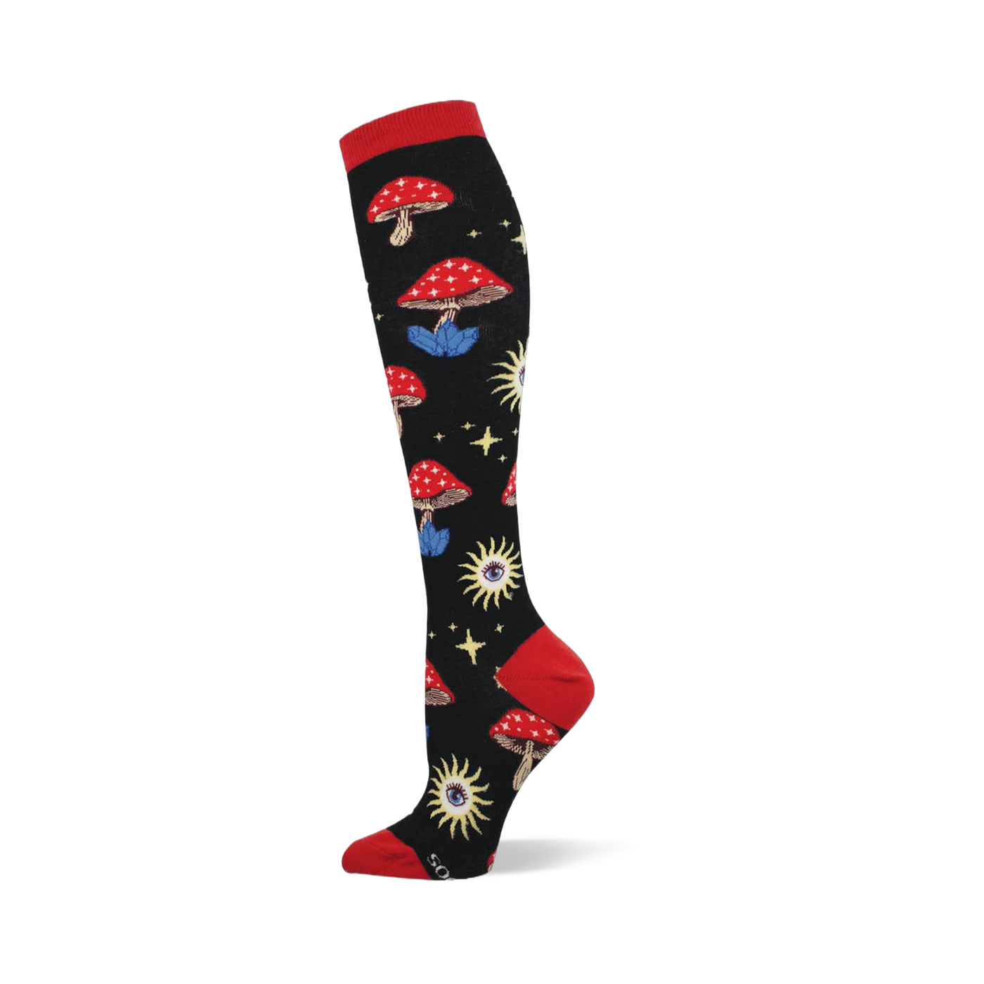 Black sock with red cuff, heel, toe. Features red mushrooms with blue crystal bases, yellow sun-eyes, and stars.