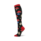 Black sock with red cuff, heel, toe. Features red mushrooms with blue crystal bases, yellow sun-eyes, and stars.