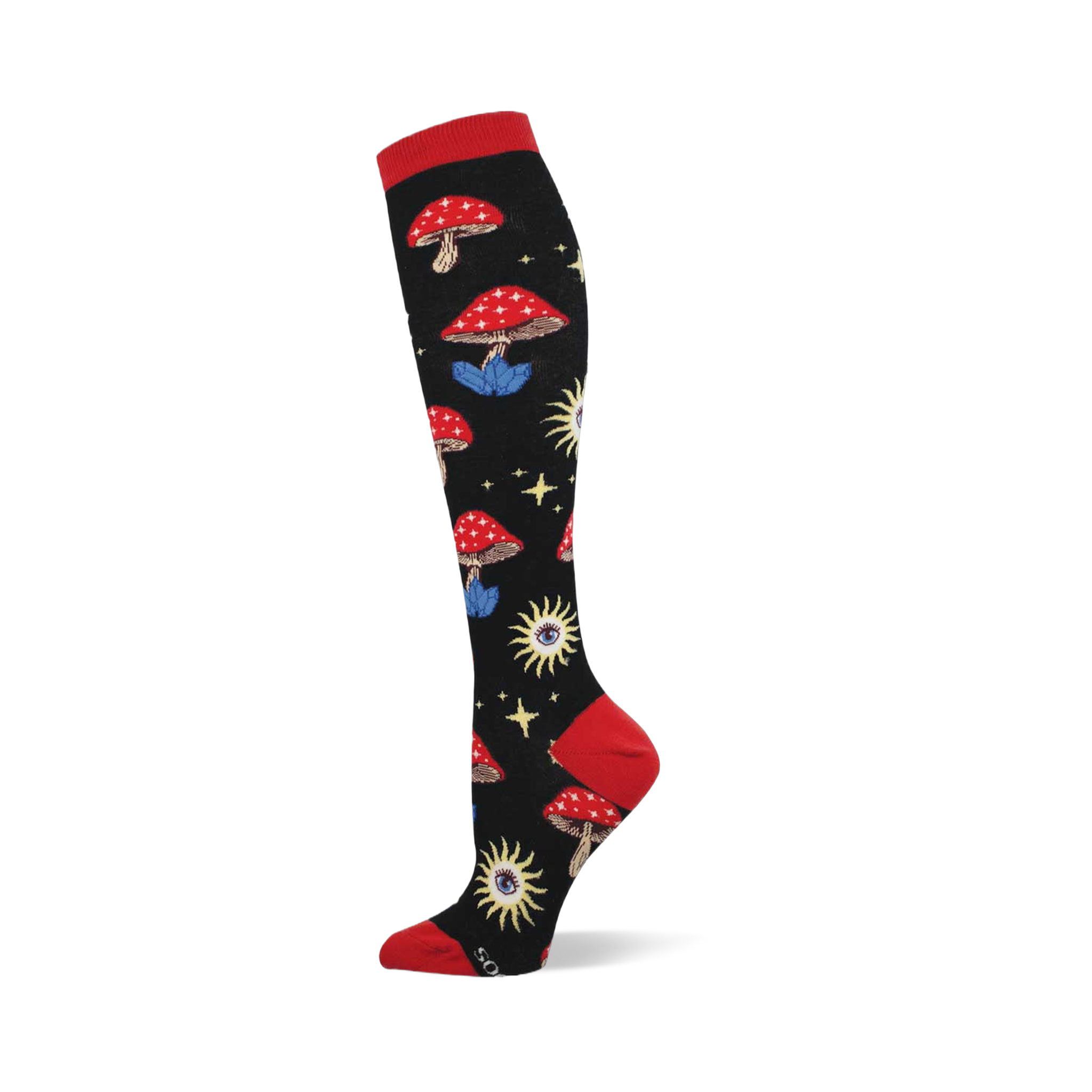 Black sock with red cuff, heel, toe. Features red mushrooms with blue crystal bases, yellow sun-eyes, and stars.