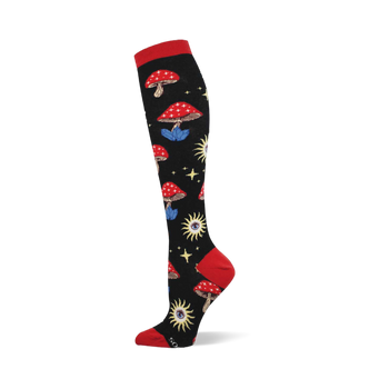 Black sock with red cuff, heel, toe. Features red mushrooms with blue crystal bases, yellow sun-eyes, and stars.