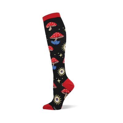 Black sock with red cuff, heel, toe. Features red mushrooms with blue crystal bases, yellow sun-eyes, and stars.