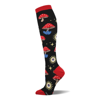 Black sock with red cuff, heel, toe. Features red mushrooms with blue crystal bases, yellow sun-eyes, and stars.