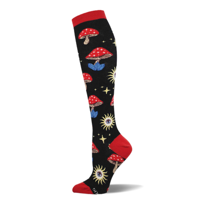 Black sock with red cuff, heel, toe. Features red mushrooms with blue crystal bases, yellow sun-eyes, and stars.