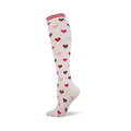 Cream knee-high sock with a scattered pattern of pink, red, and maroon hearts. Features a white and red striped cuff.