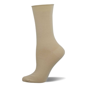 Single solid beige bamboo crew sock on a mannequin foot, shown from the side. Smooth texture with a finished cuff.