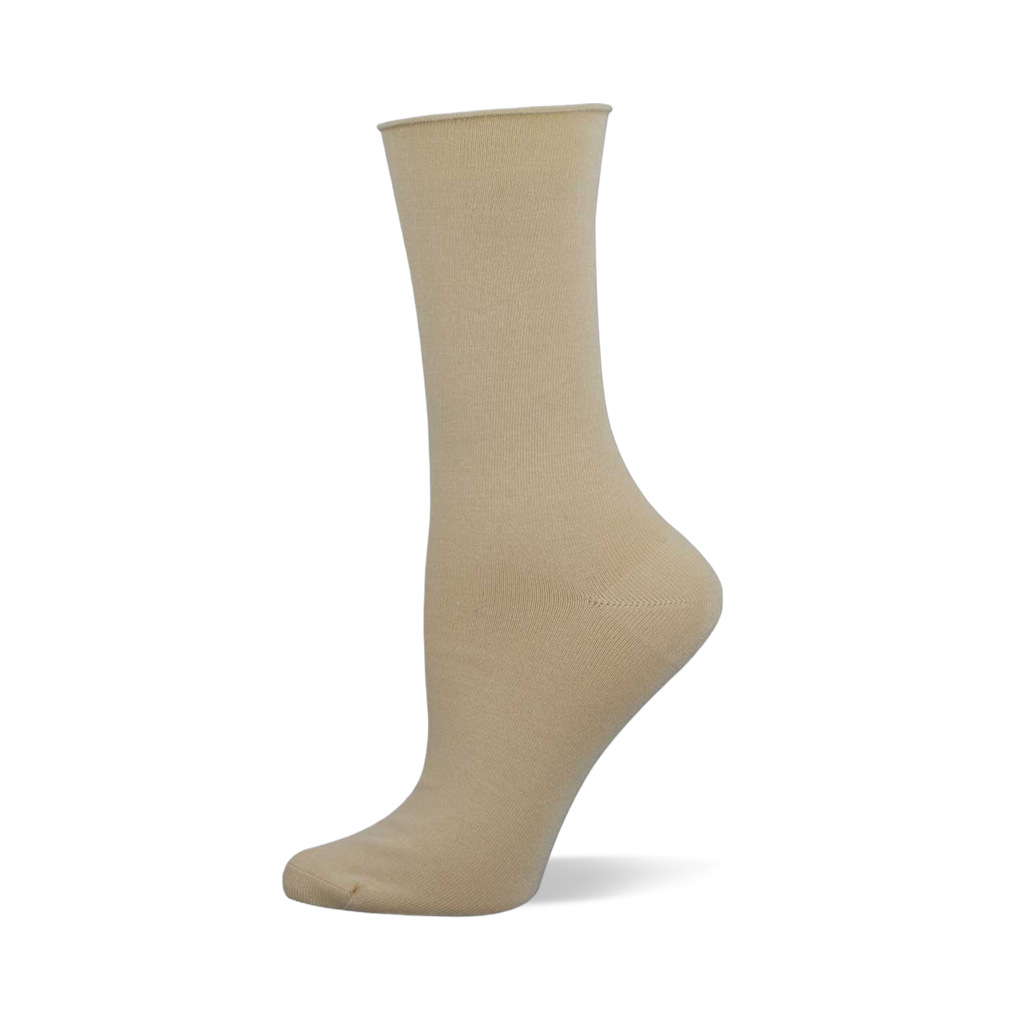 Solid black crew sock made of bamboo fabric with a relaxed roll-top cuff, displayed on a mannequin foot.