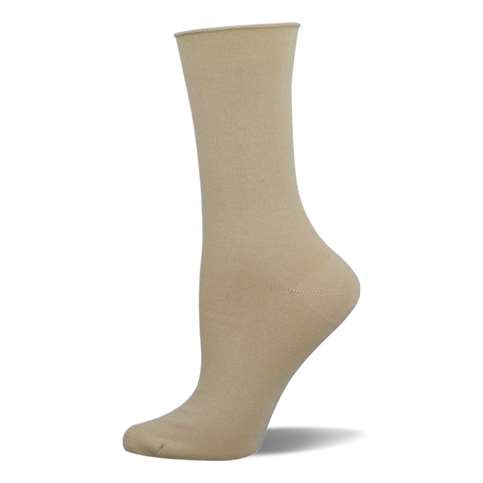 Single solid beige bamboo crew sock on a mannequin foot, shown from the side. Smooth texture with a finished cuff.
