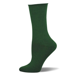Single solid forest green bamboo crew sock on a mannequin foot, shown from the side. Smooth texture with a finished cuff.