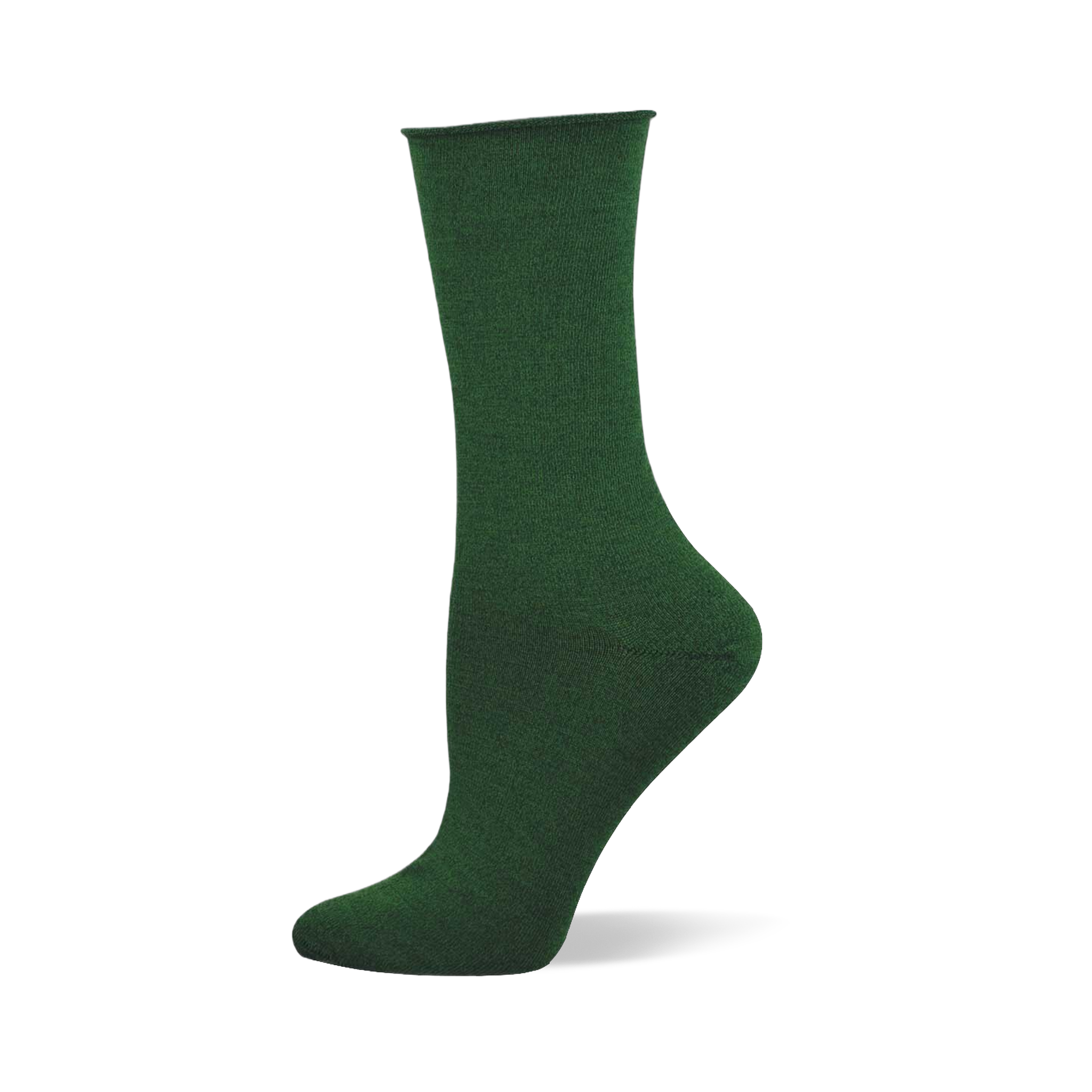 Solid black crew sock made of bamboo fabric with a relaxed roll-top cuff, displayed on a mannequin foot.