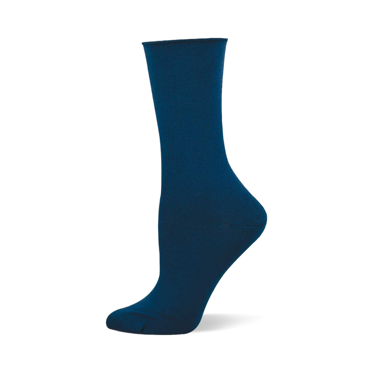 Solid navy blue bamboo crew sock with a relaxed roll-top cuff, displayed on a mannequin foot.