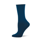 Solid navy blue bamboo crew sock with a relaxed roll-top cuff, displayed on a mannequin foot.