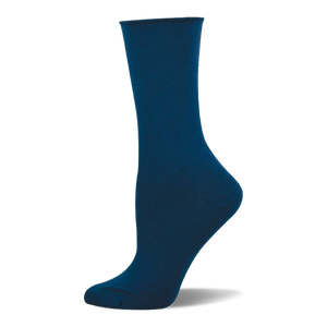 Single solid navy blue bamboo crew sock on a mannequin foot, shown from the side. Smooth texture with a finished cuff.