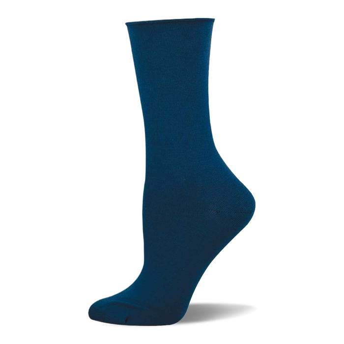 Single solid navy blue bamboo crew sock on a mannequin foot, shown from the side. Smooth texture with a finished cuff.