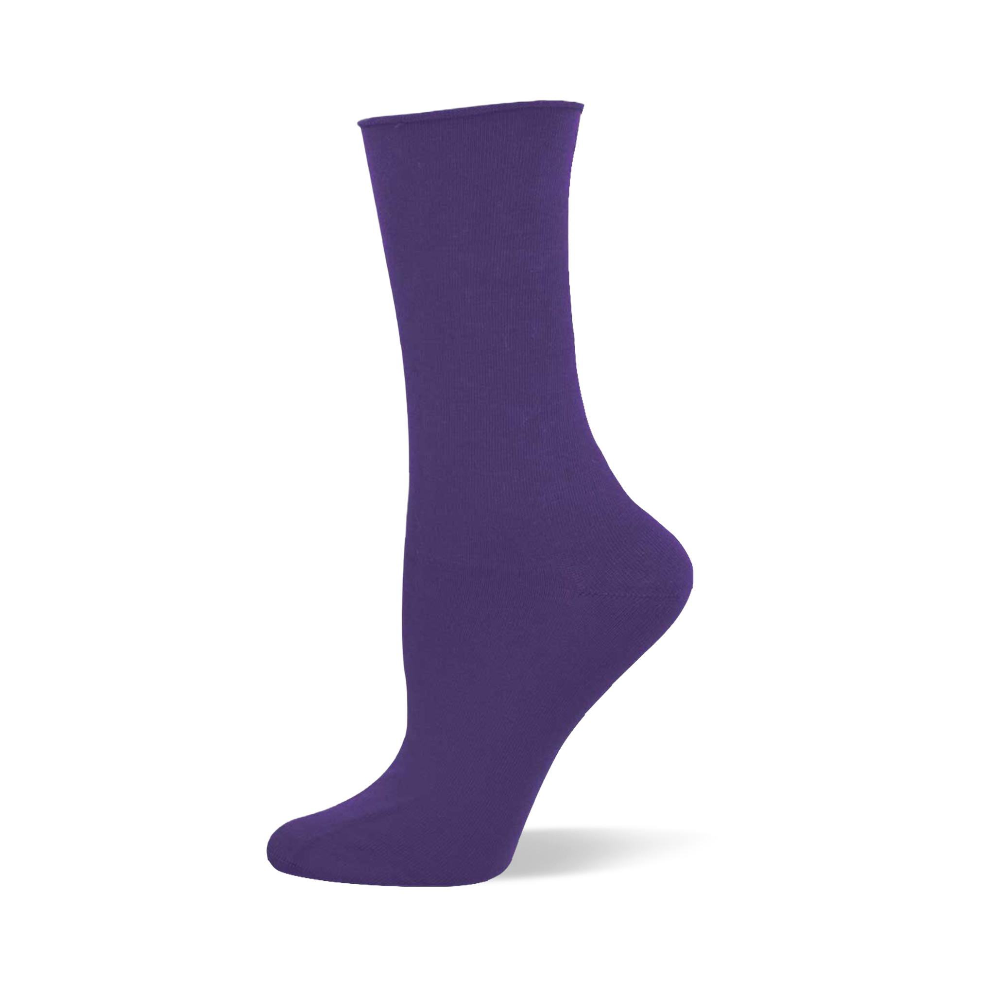 Solid black crew sock made of bamboo fabric with a relaxed roll-top cuff, displayed on a mannequin foot.