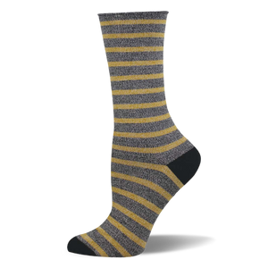 Single crew sock with warm brown and off-white horizontal stripes, solid dark brown heel and toe, on a white background.