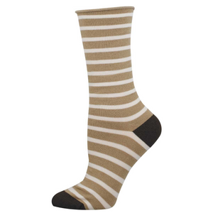 Single crew sock with warm brown and off-white horizontal stripes, solid dark brown heel and toe, on a white background.