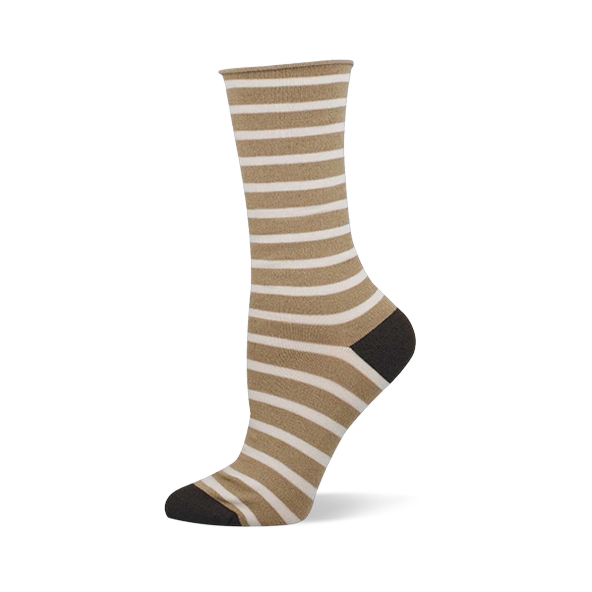Tan and white striped crew sock with dark grey heel and toe.
