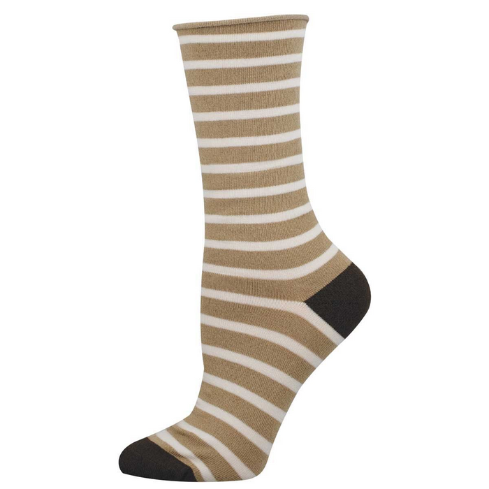 Single crew sock with warm brown and off-white horizontal stripes, solid dark brown heel and toe, on a white background.
