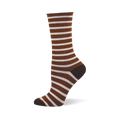 A single brown and white striped bamboo sock with a solid brown heel, toe, and rolled cuff shown on a foot mannequin.