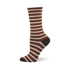 A single brown and white striped bamboo sock with a solid brown heel, toe, and rolled cuff shown on a foot mannequin.