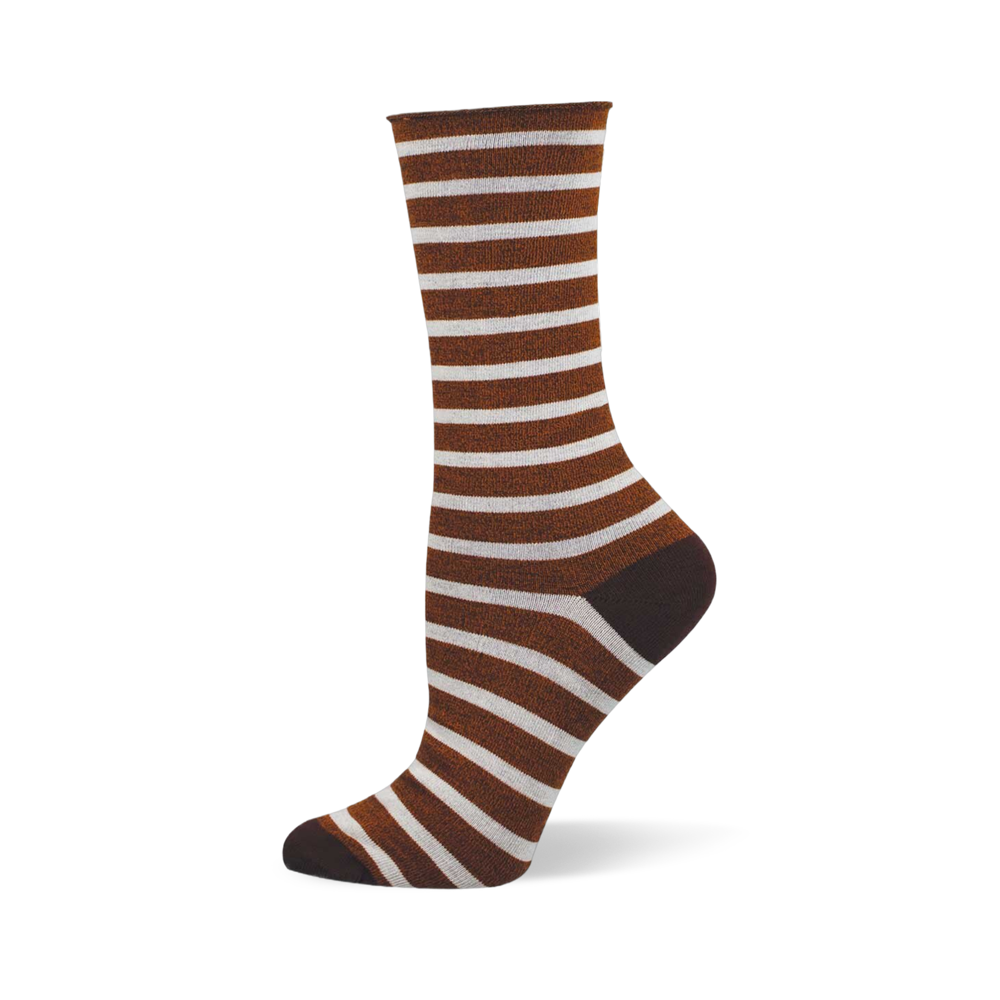 A single brown and white striped bamboo sock with a solid brown heel, toe, and rolled cuff shown on a foot mannequin.