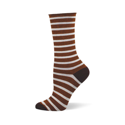 A single brown and white striped bamboo sock with a solid brown heel, toe, and rolled cuff shown on a foot mannequin.