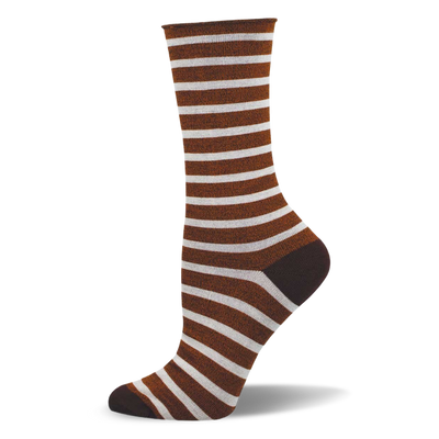 Single crew sock with warm brown and off-white horizontal stripes, solid dark brown heel and toe, on a white background.