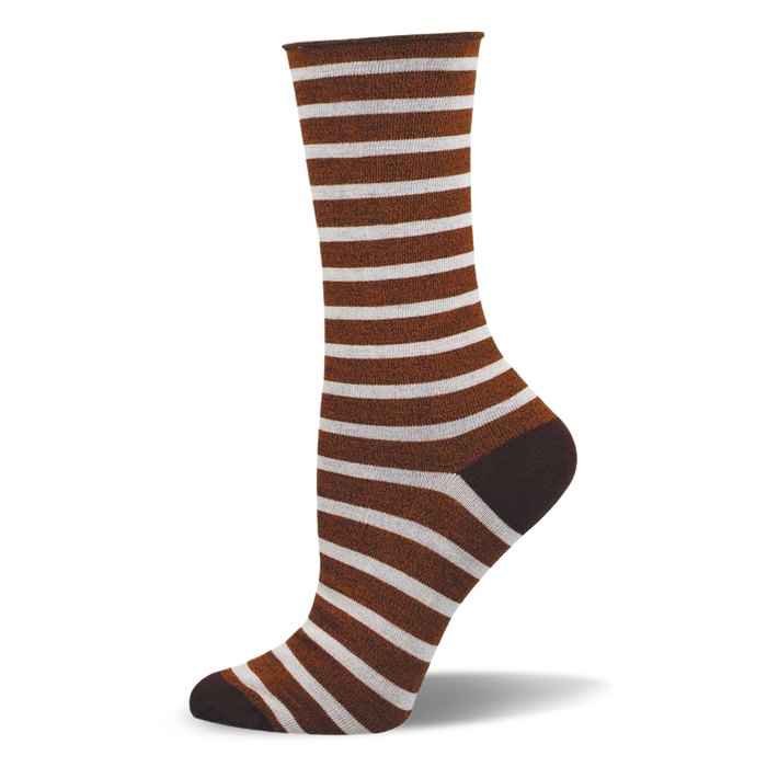Single crew sock with warm brown and off-white horizontal stripes, solid dark brown heel and toe, on a white background.