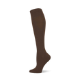 Single brown solid knee-high sock shown on a foot form, with a ribbed cuff at the top.