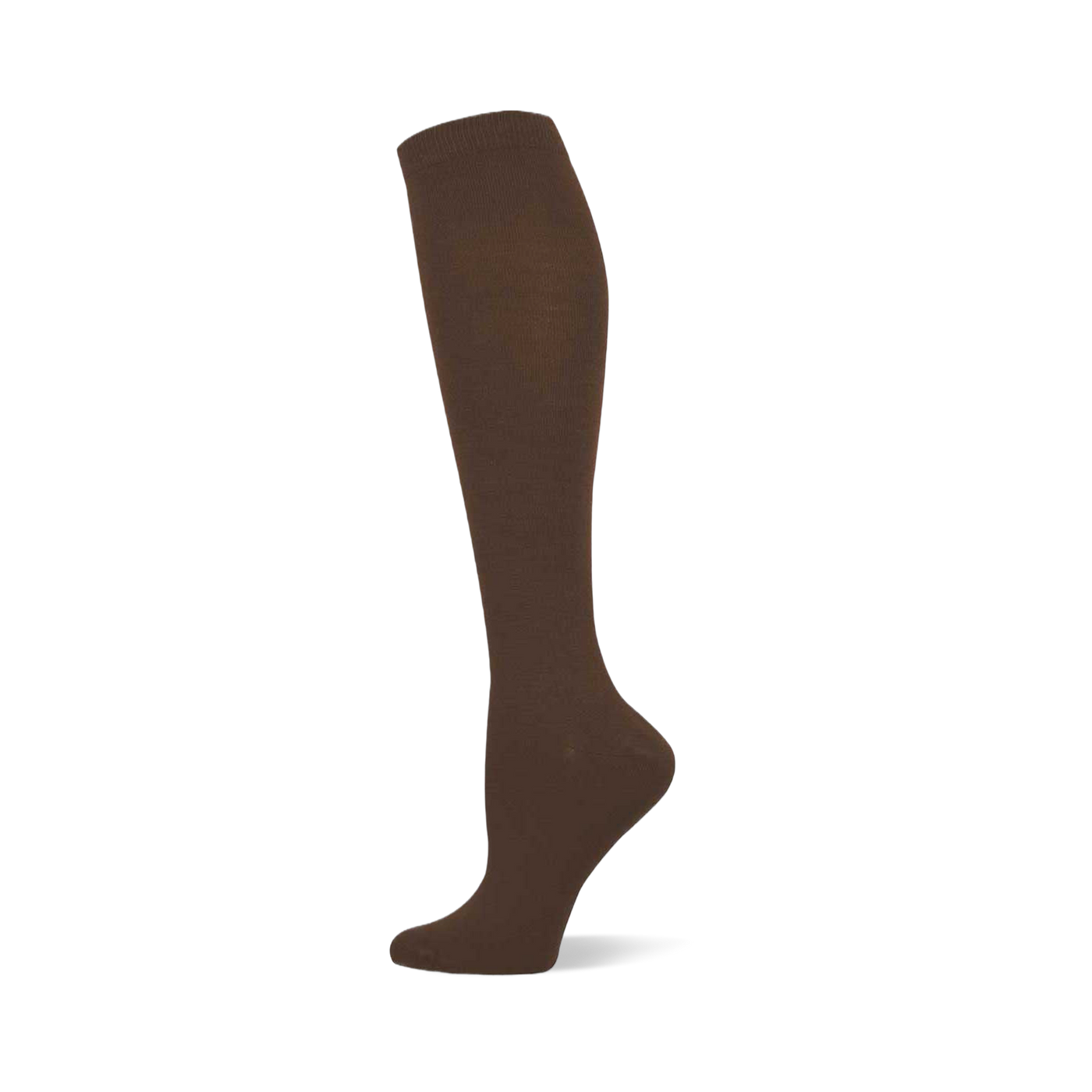 Single brown solid knee-high sock shown on a foot form, with a ribbed cuff at the top.