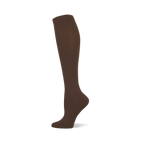 Single brown solid knee-high sock shown on a foot form, with a ribbed cuff at the top.