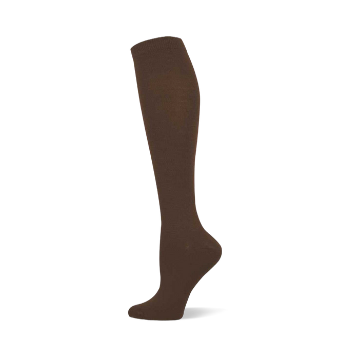 Single brown solid knee-high sock shown on a foot form, with a ribbed cuff at the top.