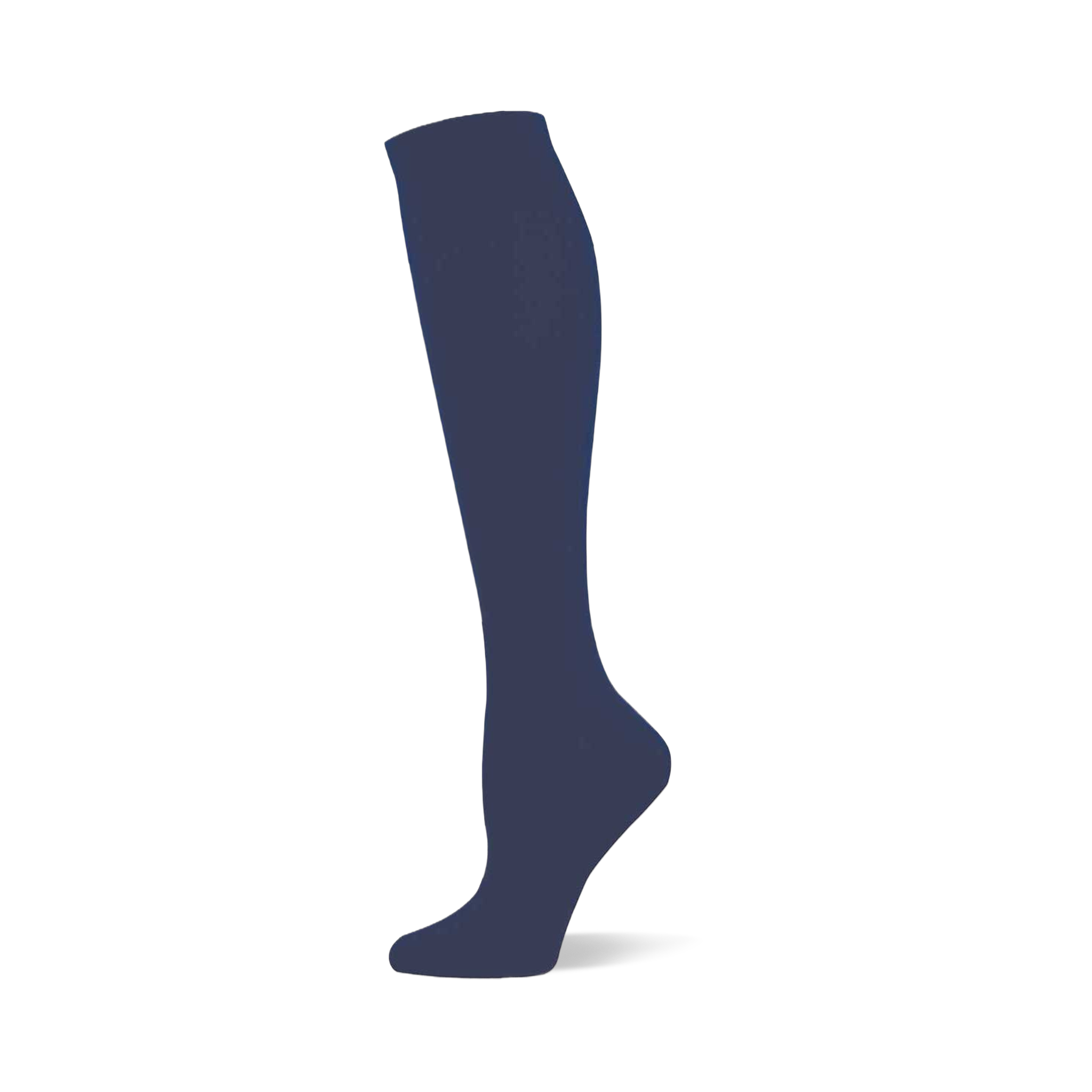 Single navy blue solid knee-high sock shown on a foot form, with a ribbed cuff at the top.