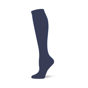 Single navy blue solid knee-high sock shown on a foot form, with a ribbed cuff at the top.