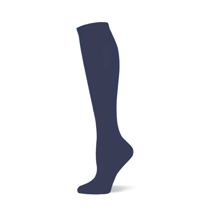 Single navy blue solid knee-high sock shown on a foot form, with a ribbed cuff at the top.