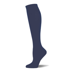 Single navy blue solid knee-high sock shown on a foot form, with a ribbed cuff at the top.