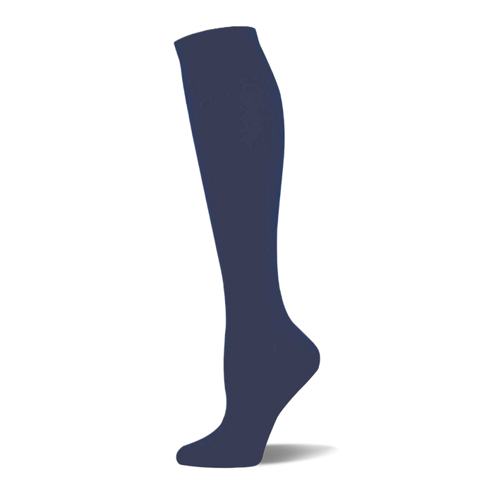 Single navy blue solid knee-high sock shown on a foot form, with a ribbed cuff at the top.