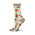 Cream crew sock with tan cuff, heel, and toe. Features a pattern of orange pumpkins, fall leaves, pumpkin spice coffee cups, and small hearts.