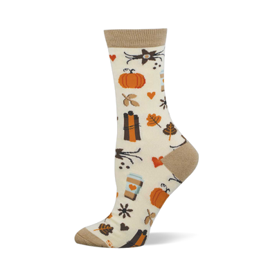 Cream crew sock with tan cuff, heel, and toe. Features a pattern of orange pumpkins, fall leaves, pumpkin spice coffee cups, and small hearts.