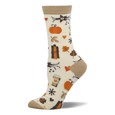Cream crew sock with tan cuff, heel, and toe. Features a pattern of orange pumpkins, fall leaves, pumpkin spice coffee cups, and small hearts.