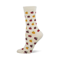 Cream crew socks with a repeating pattern of red, dark red, and yellow pixelated apples, each with a green stem.