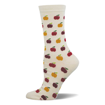 Cream crew socks with a repeating pattern of red, dark red, and yellow pixelated apples, each with a green stem.
