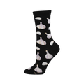 Black crew sock with a scattered pattern of white garlic bulbs with purplish-grey lines and crescent cloves on a dark background.