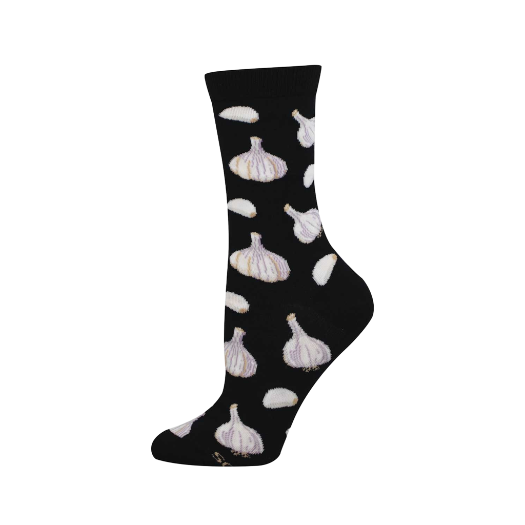 Black crew sock with a scattered pattern of white garlic bulbs with purplish-grey lines and crescent cloves on a dark background.