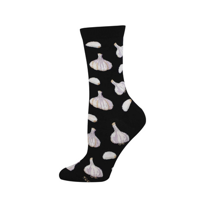 Black crew sock with a scattered pattern of white garlic bulbs with purplish-grey lines and crescent cloves on a dark background.