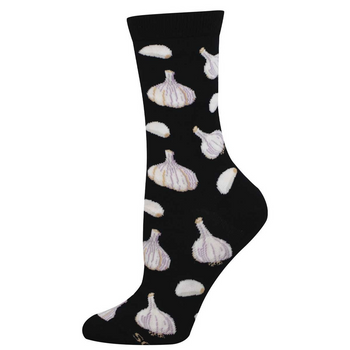Black crew sock with a scattered pattern of white garlic bulbs with purplish-grey lines and crescent cloves on a dark background.