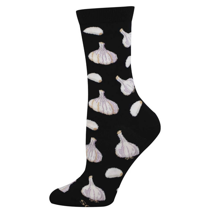 Black crew sock with a scattered pattern of white garlic bulbs with purplish-grey lines and crescent cloves on a dark background. }}
