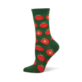 Single dark green crew sock with a repeating pattern of whole and sliced red tomatoes. Whole tomatoes have green stems; sliced show seeds.